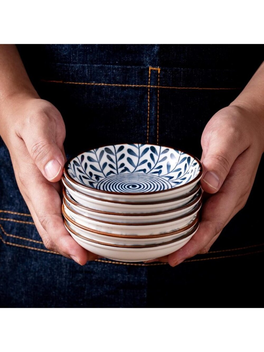 Set of 6 Japanese Ceramic Dipping Bowls - 4'' Blue & White Soy Sauce Dishes - Picture 2 of 8